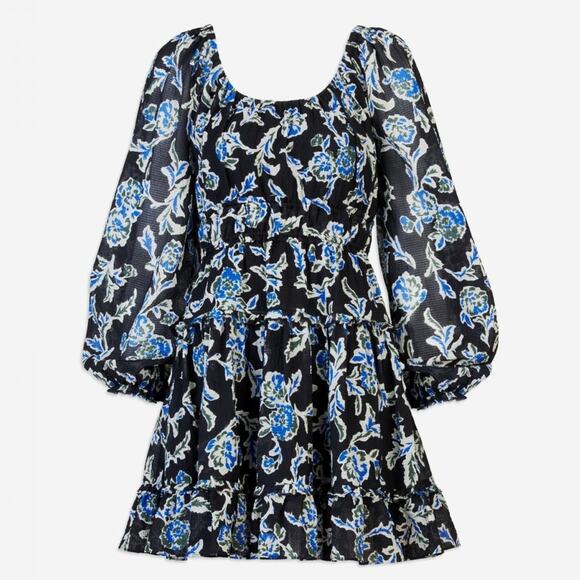 TANYA TAYLOR Edita Fit & Flare Mini Dress Floral Blue Long Sleeve Flowy Sm NEW - Picture 10 of 15